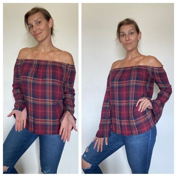 Anthropologie Cloth & Stone Shirt Plaid Off Shoulder Small Top - Picture 1 of 9